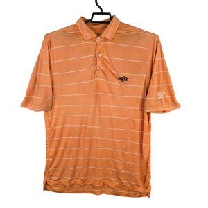Mens Tech Orange & White Striped OSU Polo Shirt Short Sleeve Polyester Stretch M